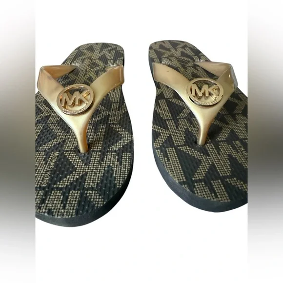Michael Kors Jet Set Signature Flip Flops Brown/Gold Logo Size 7 - Picture 3 of 10